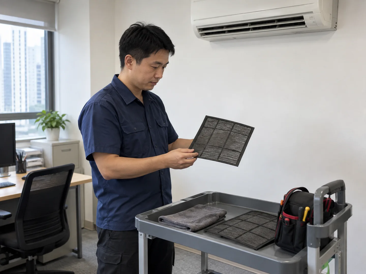 冷氣技術人員檢查可拆式隔塵網的工程場景示意