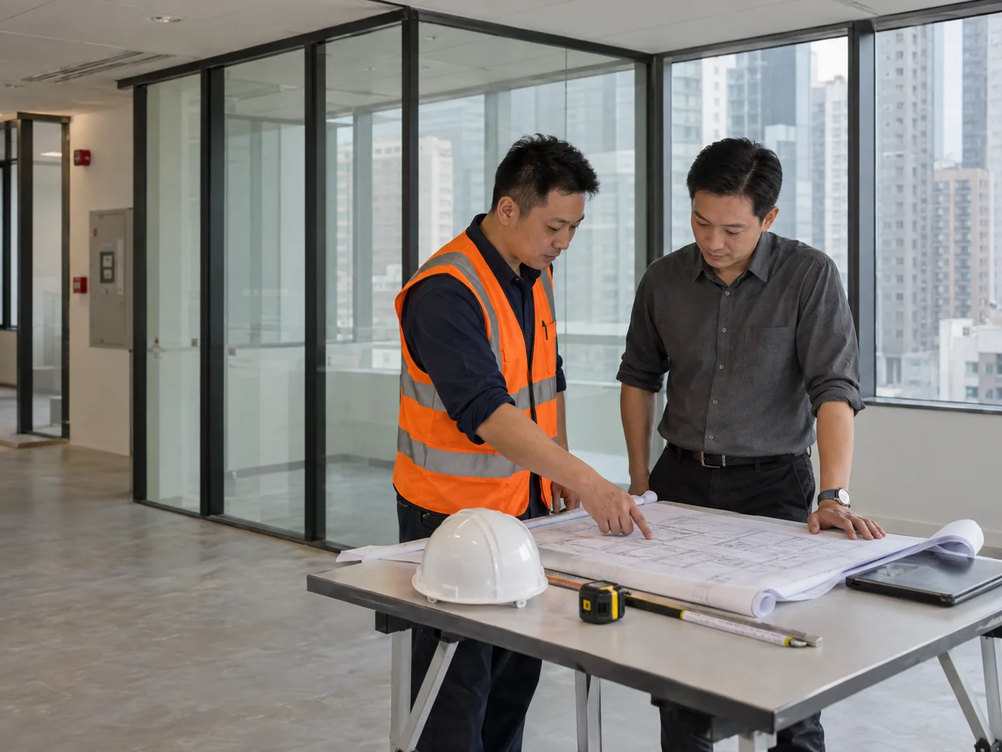 Illustration of building-services professionals reviewing plans at a worktable